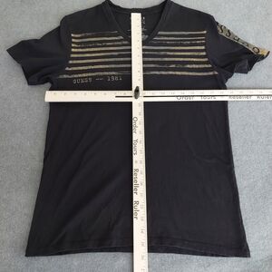 Guess Men's V-Neck T-Shirt Black Metallic Gold Silver Stripes Est. 1981 Size M